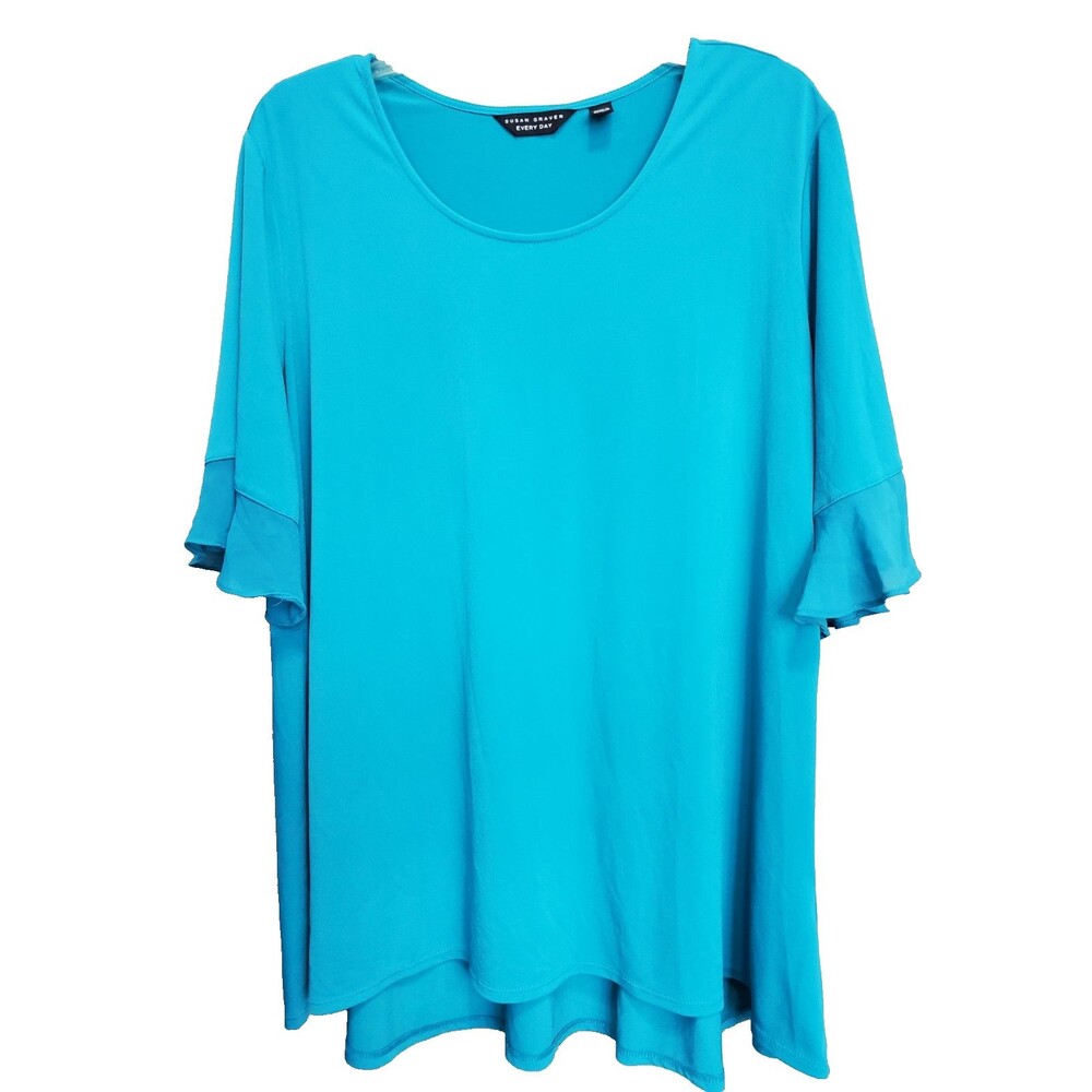 Susan Graver Every Day LiquidKnit Peplum Chiffon-Trim Bell Sleeve Top Teal XL